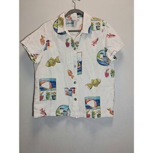 Hot cotton usa womens large linen shirt art wear white green fishes nature top